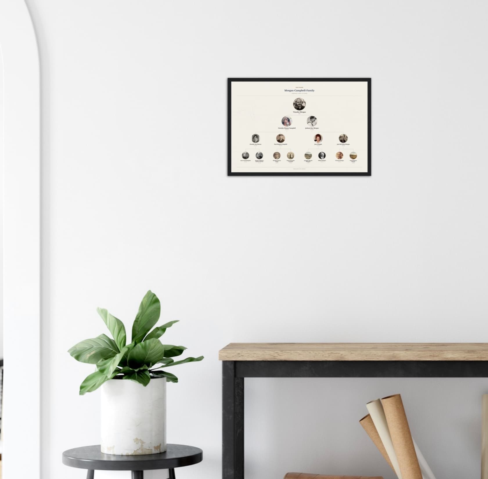 A framed portrait pedigree print from opentree press hanging on a wall above a console table