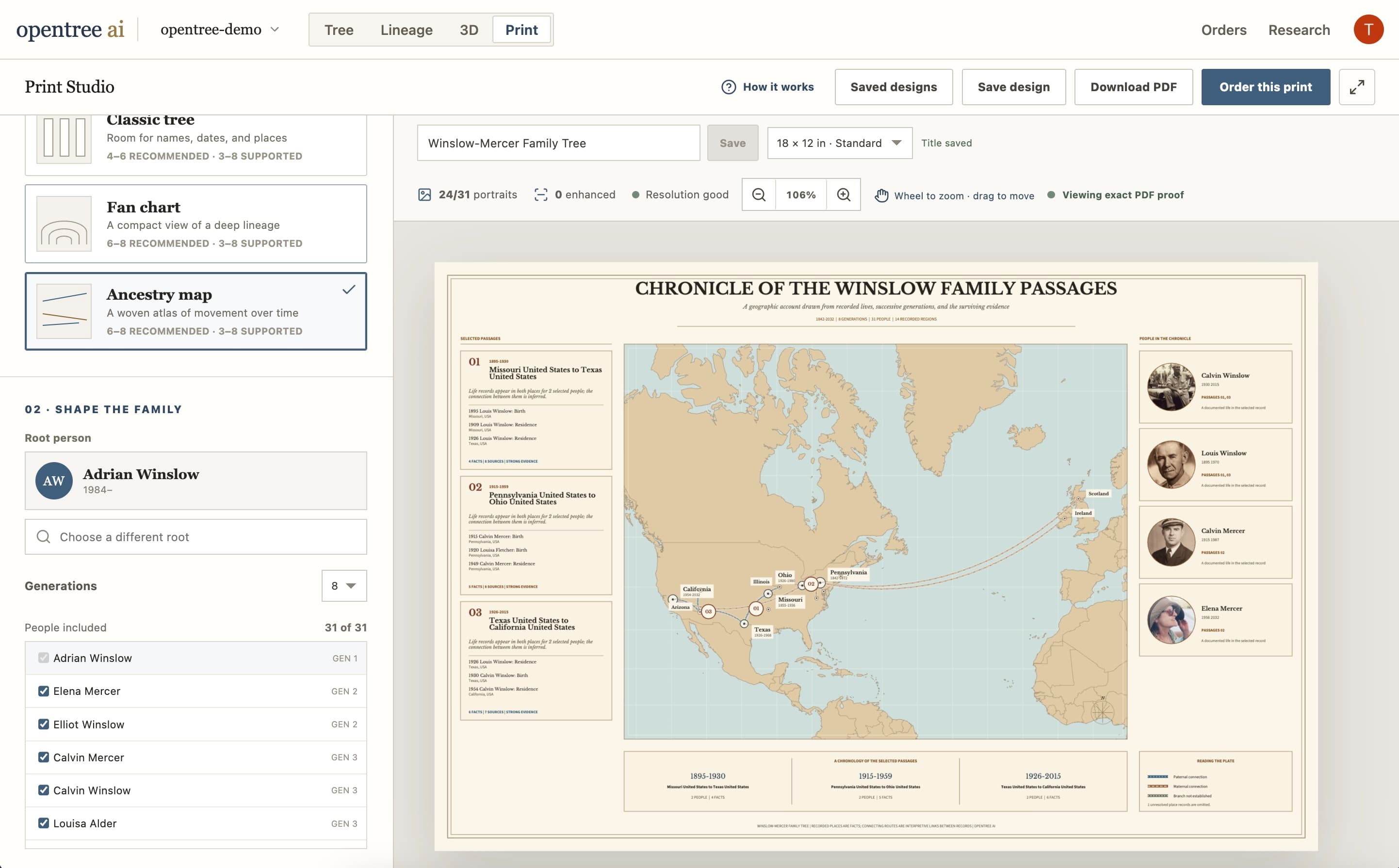 An ancestry map print preview showing migration routes across the Atlantic and North America