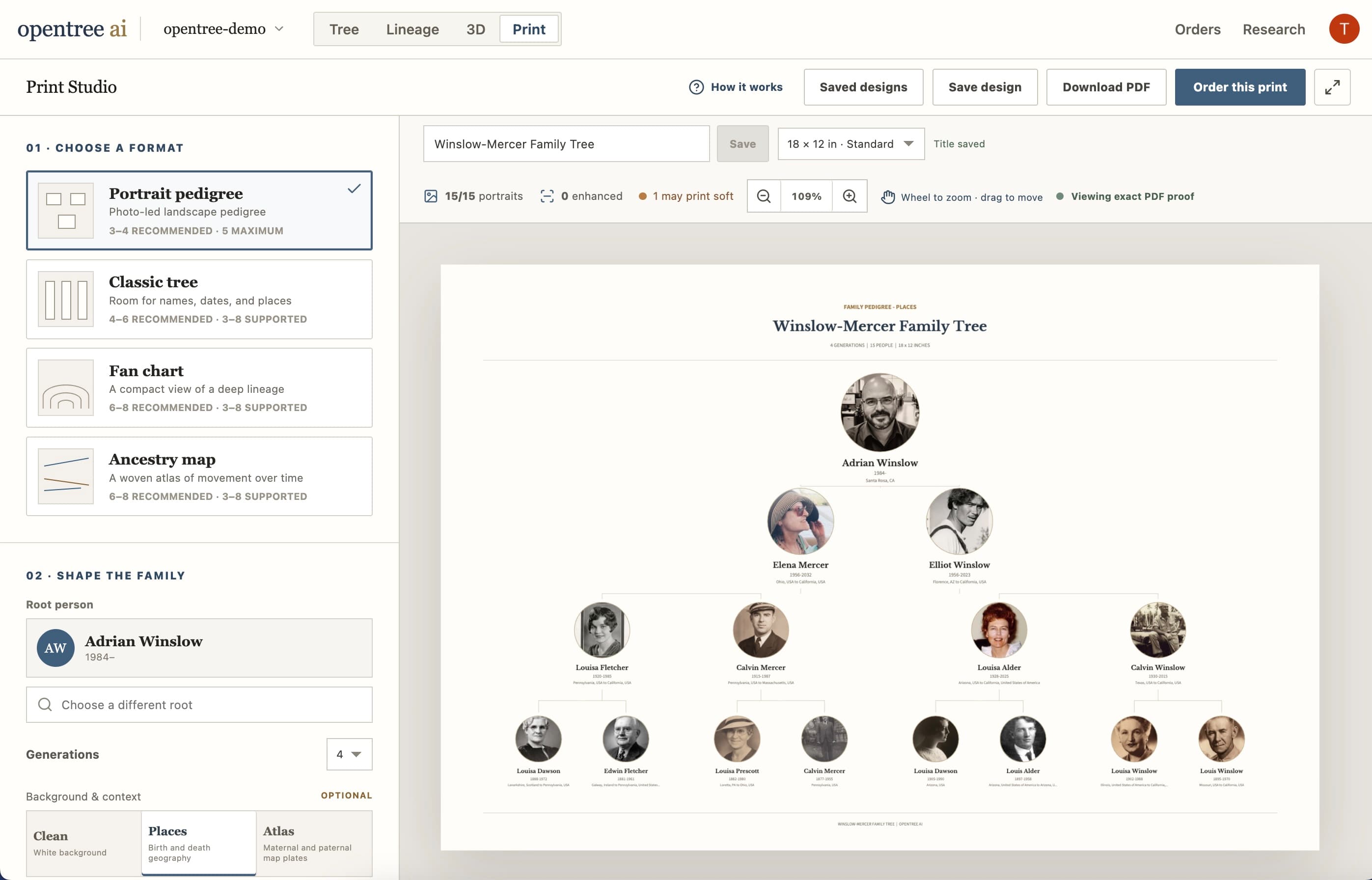 The opentree press Print Studio editing a portrait pedigree family tree design